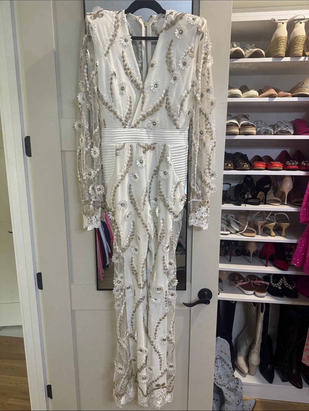 Zhivago Ivory Beaded Jumpsuit with Gold Accents